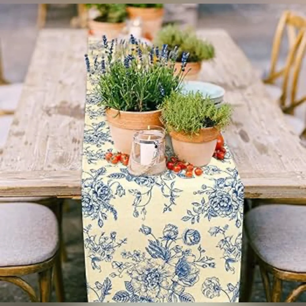 Sur la Table Floral Blue and Cream Cotton Table Runner 84 x 14